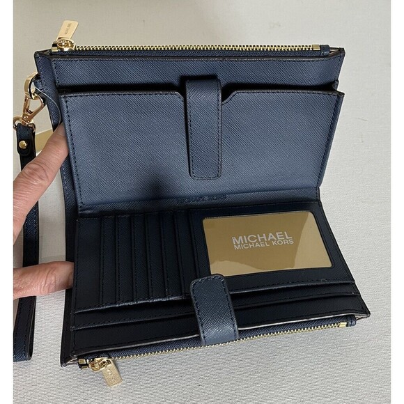 New Michael Kors Jet Set Travel Double Zip Wallet Saffiano Leather Navy - Picture 5 of 5